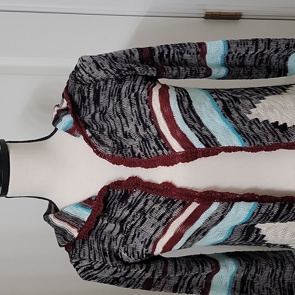 Alya (Francesca’s) Size S Teal, Black Burgundy, White Aztec Knit Hooded Cardigan - Picture 2 of 11